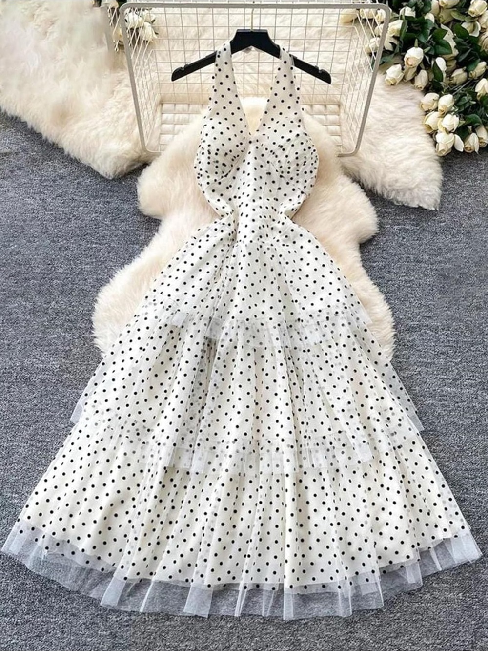 Women Polka Dot Backless Dress A-Line Slim Mesh Vintage Long Party Maxi Dresses